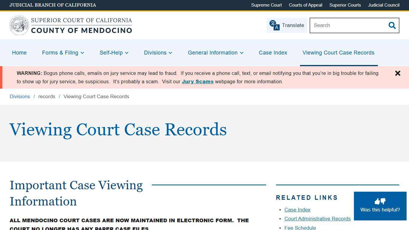 Viewing Court Case Records Superior Court of California County of Mendocino
